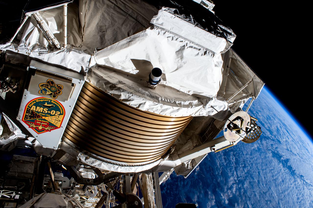 The Alpha Magnetic Spectrometer was photographed during a spacewalk in January 2017. NASA astronauts Shane Kimbrough and Peggy Whitson successfully installed three new adapter plates and hooked up electrical connections for three of the six new lithium-ion batteries on the International Space Station. They also accomplished several get-ahead tasks, including a photo survey of the Alpha Magnetic Spectrometer.